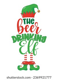 The beer drinking elf - phrase for Christmas clothes or ugly sweaters. Hand drawn lettering for Xmas greetings cards, invitations. Good for t-shirt, mug, gift tag, printing press. Little Elf.