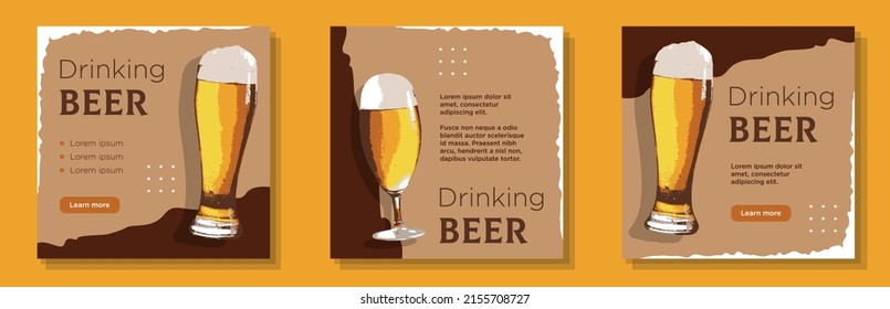 Beer drinking social media post, banner set, craft beer glasses advertisement concept, hop, wheat brewery content marketing square ad, abstract print, isolated on background.