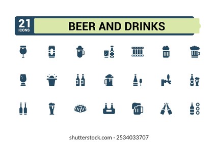 Cerveja e bebidas coleção de ícones de estilo sólido. Relacionado a cerveja, cerveja, barril, torneira, espuma, lúpulo, vidro de cerveja, pub, garrafa. Conjunto editável de ícones preenchidos. Pixel perfeito.