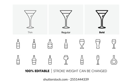 Beer drinks, Wine glass and Whiskey bottle. Bottles line icons. Champagne linear icon set. Line icons set. Vector