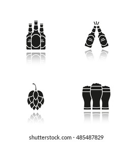 Beer drop shadow black icons set. Hop cone, beer bottles and glasses. Isolated vector illustrations