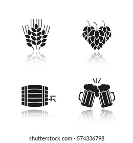 Beer drop shadow black icons set. Wheat ears, hop cones, alcohol wooden barrel, toasting beer glasses. Isolated vector illustrations