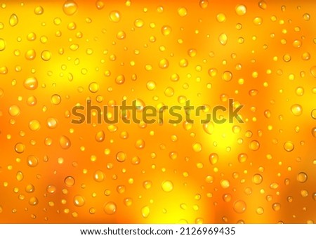 Beer droplets on yellow background. Seamless drop wet texture or golden condensation water on glass cold bottle. Rain drops, champagne drink or alcohol beverage. Realistic 3d vector illustration