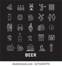 Beer editable line icons vector set on black background. Beer white outline illustrations, signs, symbols