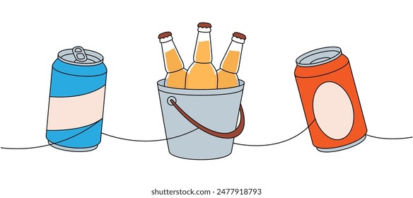 Beer elements one line colored continuous drawing. Beer cans, bottles in a ice bucket continuous one line illustration. Vector linear illustration.