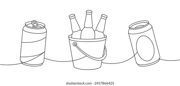 Beer elements one line continuous drawing. Beer cans, bottles in a ice bucket continuous one line illustration. Vector linear illustration.