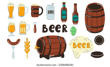 Conjunto de vectores de elementos de cerveza. Colección de ilustraciones de cervecería con cerveza de espuma, espuma, gafas, botellas, barril, barril, lúpulo, malta, gorras, letras