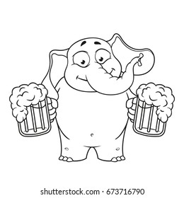 Beer Elephant Character He holds a mug of beer and offers a drink. Big collection of isolated elephants. Vector, cartoon