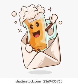 beer email marketing concept. beer glass with kawaii cute face mascot cmes out from envenlopes. vector illustration