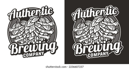 Beer emblem with hop in bone hands. Skeleton with hop for brewery or bar. Craft beer vector logo for monochrome design label of company and beer factory.