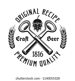 Beer emblem, label, badge or logo in monochrome vintage style with two crossed bottle openers isolated on white background