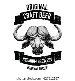 Beer emblem with ox, buffalo, bull Badge for label, logo design for beer pub, oktoberfest beer label or logotype