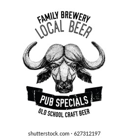 Beer emblem with ox, buffalo, bull Badge for label, logo design for beer pub, oktoberfest beer label or logotype