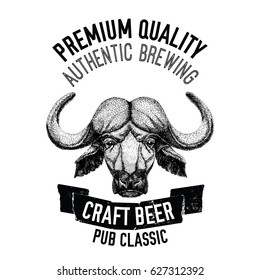 Beer emblem with ox, buffalo, bull Badge for label, logo design for beer pub, oktoberfest beer label or logotype