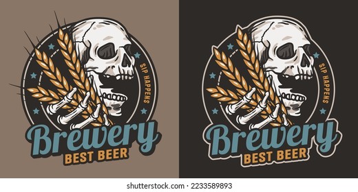 Beer emblem with skull and barley. Skeleton with barley in bone hands for brewery or bar. Craft beer vector logo for colored design label of pub and beer factory.