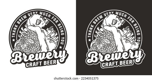 Beer emblem with skull and hop bag. Skeleton with hop in bone hands for brewery or bar. Craft beer vector logo for monochrome design label of pub and beer store.