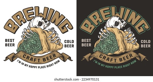 Beer emblem with skull and hop bag. Skeleton with hop in bone hands for brewery or bar. Craft beer vector logo for colored design label of pub and beer store.