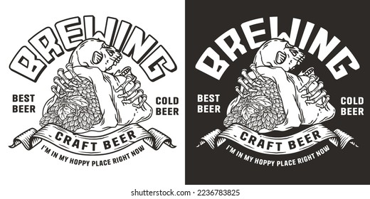 Beer emblem with skull and hop bag. Skeleton with hop in bone hands for brewery or bar. Craft beer vector logo for monochrome design label of pub and beer store.