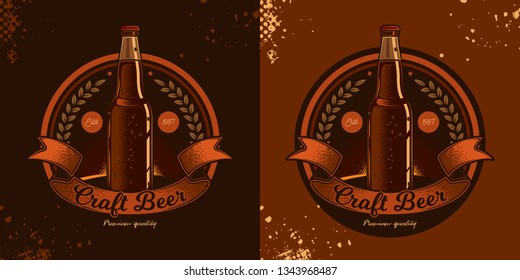 Beer emblem in vintage style. Original vector illustration. A bottle of beer, and a ribbon for the inscription.