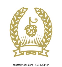 Beer emblem. Wreath of wheat or barley ears, hop cone, ribbon banner and sun rays. Design element for beer prodaction, brewery, pub or bar decoration. Vector illustration isolated on white background.