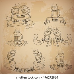 Beer emblems and labels. Elements for beer menu. Vector illustration.
