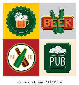 Beer emblems and stickers. Set of brewing logo and Pub sign. Vector illustration