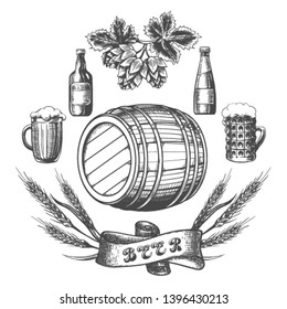 Beer engraving elements. Hand drawn beer ingredients, sketch glass and bottle, doodle hops and wood barrel isolated on white background