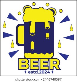 cerveza estd 2024 ilustración diseño de Vector con taza de cerveza en colores amarillo y azul y estilo simple. adecuado para logotipos, íconos, carteles, anuncios, Anuncios, empresas, diseños de camisetas, pegatinas, w