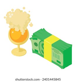 Beer export icon isometric vector. Glass of foamy beer and big dollar bill stack. Production, selling, business