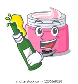With beer face cream in a cartoon jar