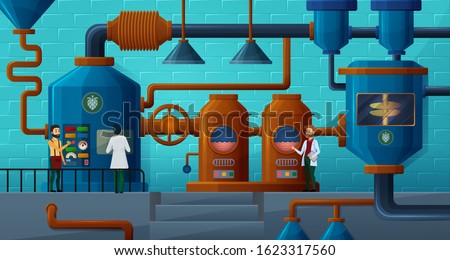 Beer factory, brewery vector illustration. Technologists, brewers flat characters. Workshop interior, brewing manufactory, beer production process, plant facilities, factory equipment work principle