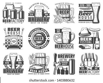 Beer factory and brewing company icons. Vector bar or pub and beverage festival symbols of craft beer pint, wooden barrel with hop, malt and wheat barley, Oktoberfest sausages and pretzel snacks