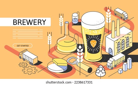 Beer factory Isometric Concept. Use for web page, banner, infographics. Flat illustration editable line. Brewery