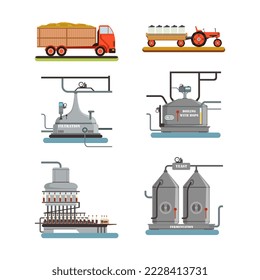 Beer factory production line. Brewery industrial equipment set cartoon vector illustration