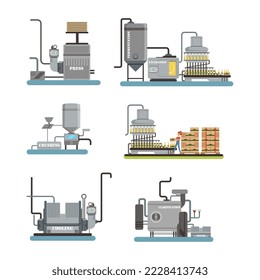 Beer factory production line. Beer production industrial equipment set cartoon vector illustration