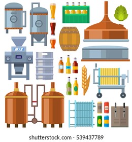 Beer factory production line vector. Isolated beery batter and other light alcohol drinks boxes and barrels