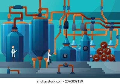 Beer factory production process of fermentation filtration and boil, cooling and filling. Bbrewing manufactory, production line or drink production process. Flat design plant facilities