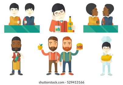 Beer fans toasting and clinking bottles of beer. Friends clanging bottles of beer. Group of young friends drinking a beer at pub. Set of vector flat design illustrations isolated on white background.