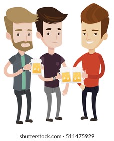 Beer fans toasting and clinking glasses of beer. Caucasian men clanging glasses of beer. Friends enjoying a beer at pub. Men drinking beer. Vector flat design illustration isolated on white background