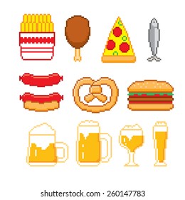 Beer and fast food icons set. Pixel art. Old school computer graphic style.