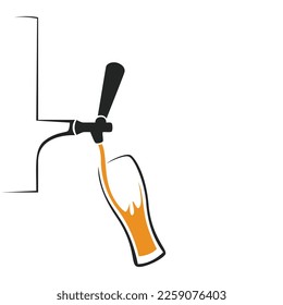 Beer faucet illustration vector design pouring beer in glass. Beer glass sign.