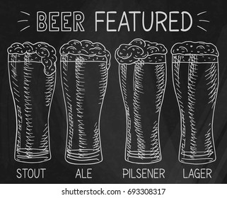Beer featured. Beautiful illustration of stout, ale, light and lager beer on the chalkboard background