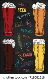 Beer featured. Beautiful illustration of stout, ale, light and lager beer on the chalkboard background