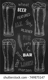 Beer featured. Beautiful illustration of stout, ale, light and lager beer on the chalkboard background