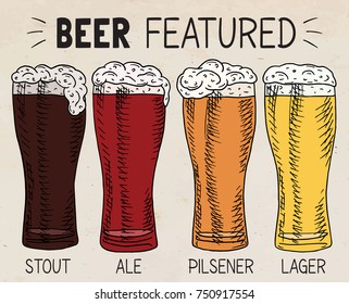 Beer featured. Beautiful illustration of stout, ale, light and lager beer