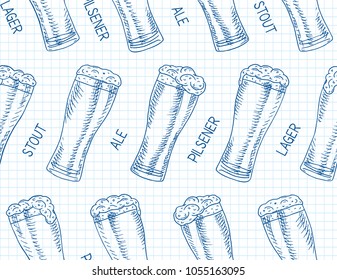 Beer featured seamless pattern. Beautiful illustration of stout, ale, light and lager beer
