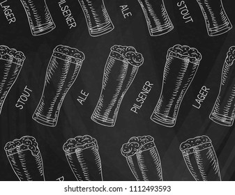 Beer featured seamless pattern. Beautiful illustration of stout, ale, light and lager beer on the chalkboard