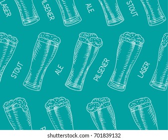 Beer featured seamless pattern. Beautiful illustration of stout, ale, light and lager beer