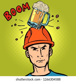 beer fell on the worker head. Comic cartoon pop art retro vector illustration drawing