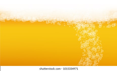 Beer fest background and realistic bubbles.  Cool beverage for restaurant menu design, banners and flyers.  Yellow horizontal beer fest background in foam. Fresh cup of lager for brewery design.